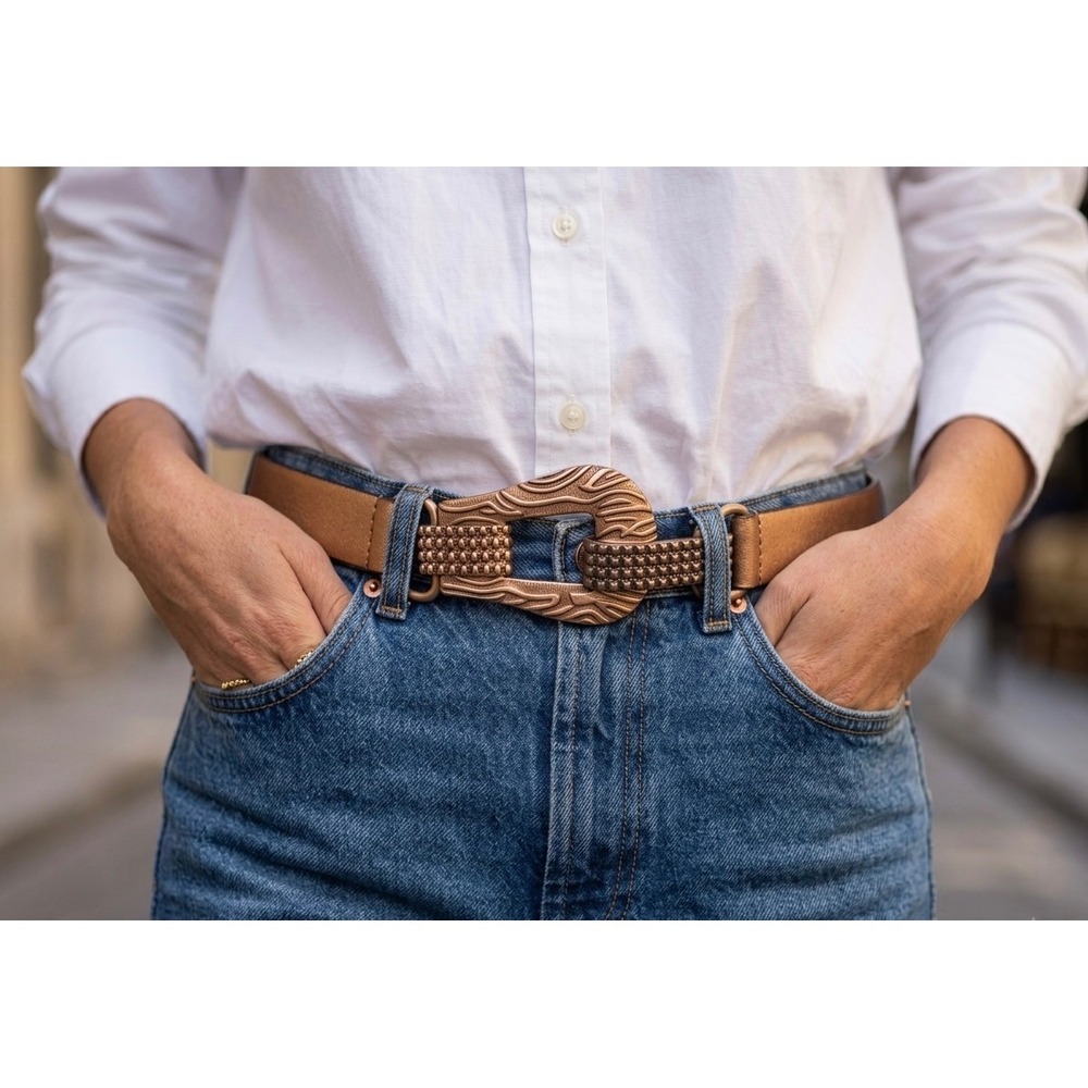 Chico's Metallic Bronze Leather Belt with Interlocking Buckle Size M/L